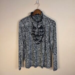 Lauren Ralph Lauren Paisley Ruffle Bib Mock Neck Cotton Top Black White XL